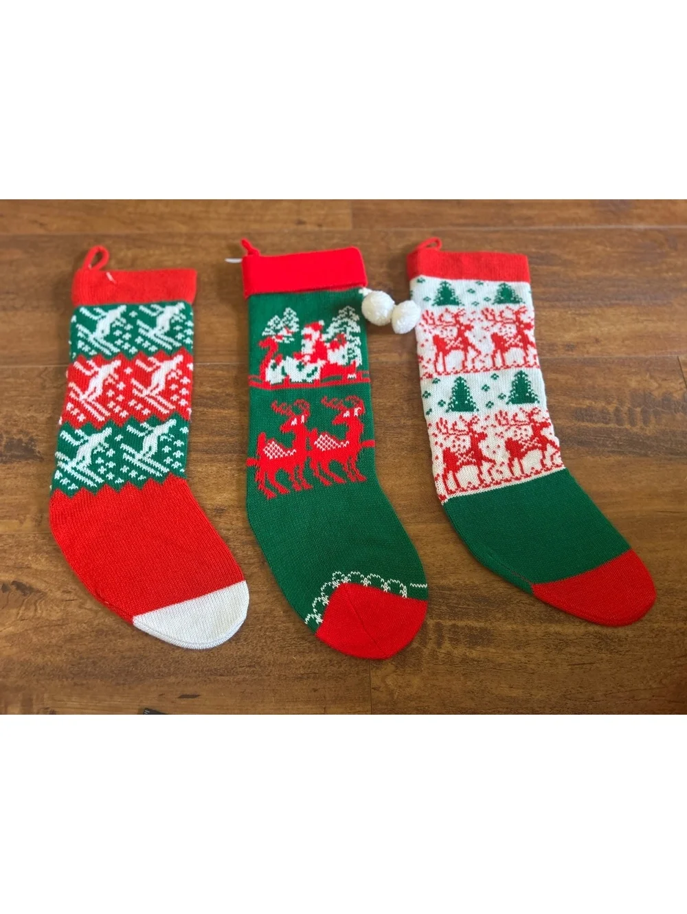 Set of 3 Christmas Holiday Decorative Stockings with Reindeer and Santa Designs